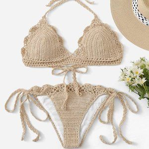 Scalloped Trim Crochet Halter Tie Side Bikini Swim